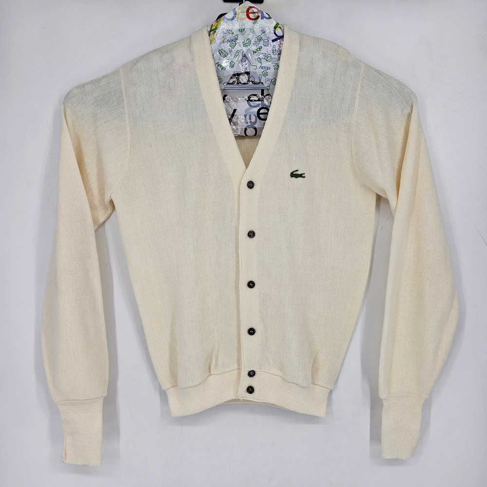 Vintage Izod Lacoste Sweater Mens Medium Cardigan Golf Cream Casual Acrylic